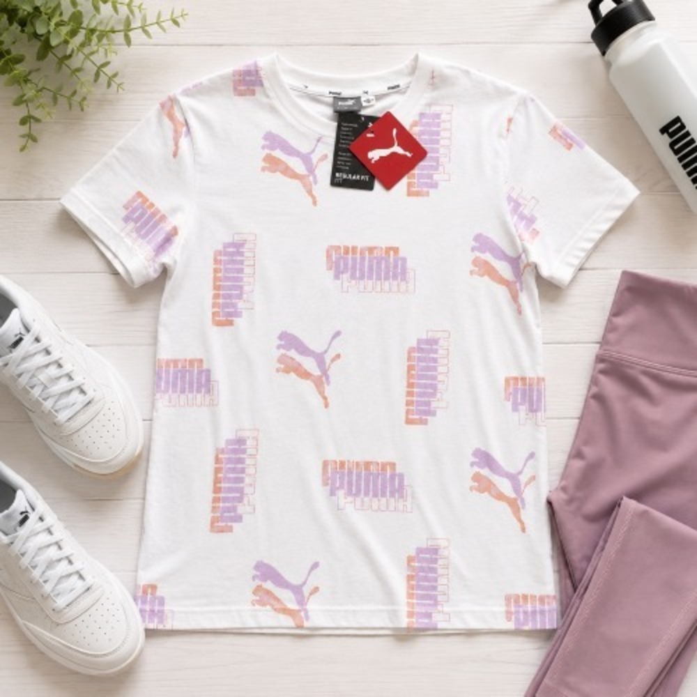 PUMA Women's Power Logo All-Over Print T-Shirt White Crew Neck Short Sleeve L
